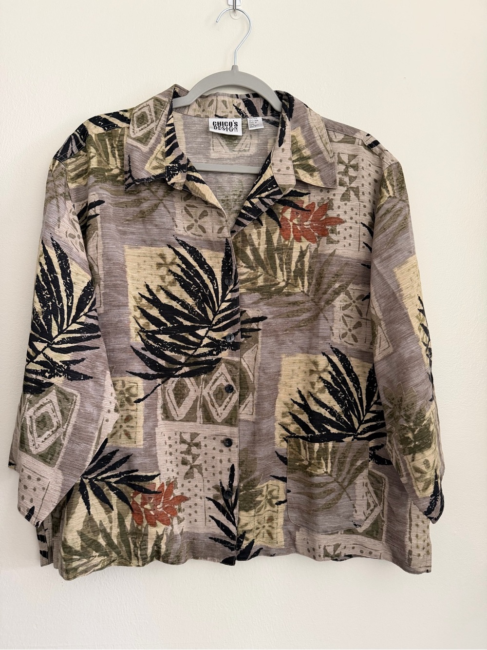 Vtg CHICO'S Design Silk / Linen Palm Print Button Front Shirt - Women's Size 16